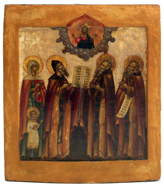 Madonna con santi, icona a tempera su tavola cm 31x27, Russia XIX sec.