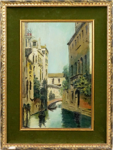 Canale di Venezia, olio su tavola, cm 46,5x30,5, firmato a tergo, entro cornice.