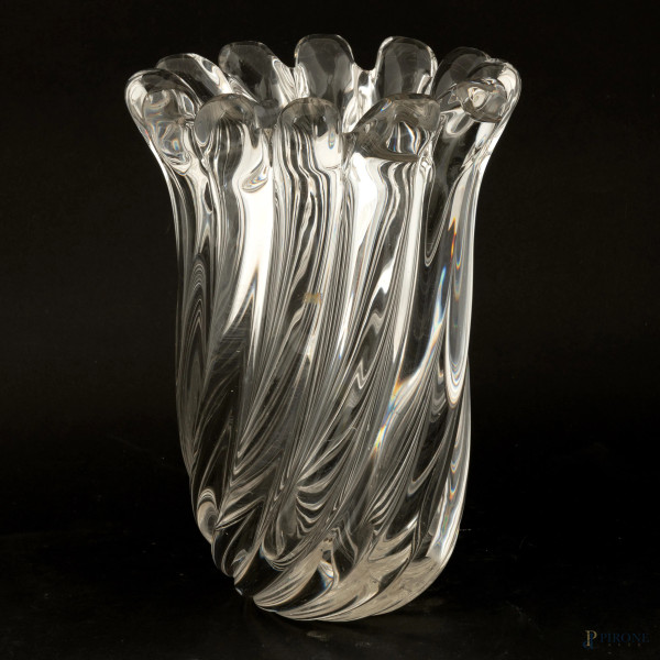 Vaso in vetro a grandi baccellature, XX secolo, altezza cm 30, firmato a graffio "Archimede Seguso Murano"