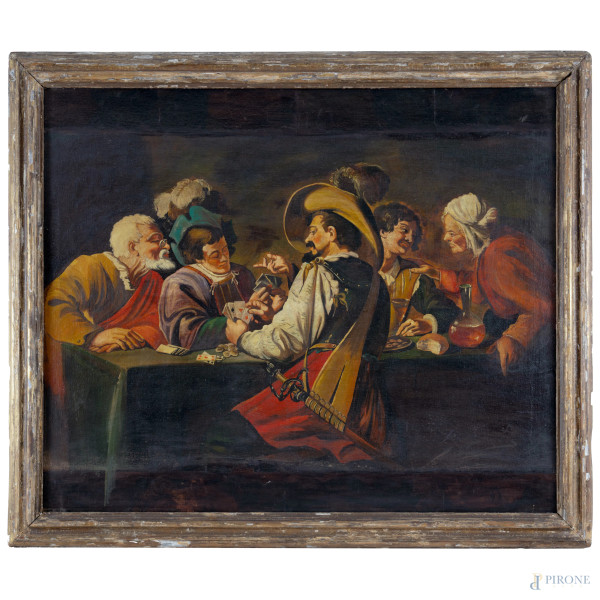 Copia da Theeodore Rombouts, I giocatori di carte, olio su tela, XX secolo, cm 101x120, entro cornice, (segni di piegatura della tela)