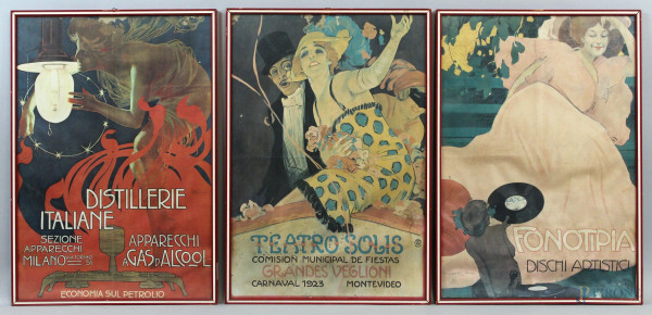 Lotto di tre manifesti pubblicitari Liberty: M. Dudovich "Fonotipia, dischi artistici"; L. Meltlicovitz "Distillerie italiane" e "Teatro Salis", cm. 62x42, entro cornici,(difetti sulla carta).