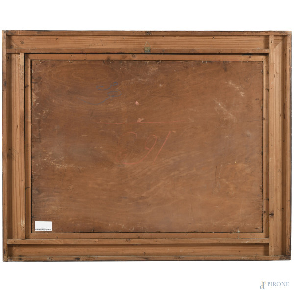 Paesaggio con barca, XX secolo, olio su compensato, cm 57,5x78, firmato in alto a destra, entro c...