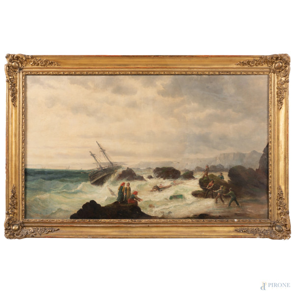 Salvataggio nel mare in burrasca, XIX secolo, olio su tela, cm 60x105, entro cornice