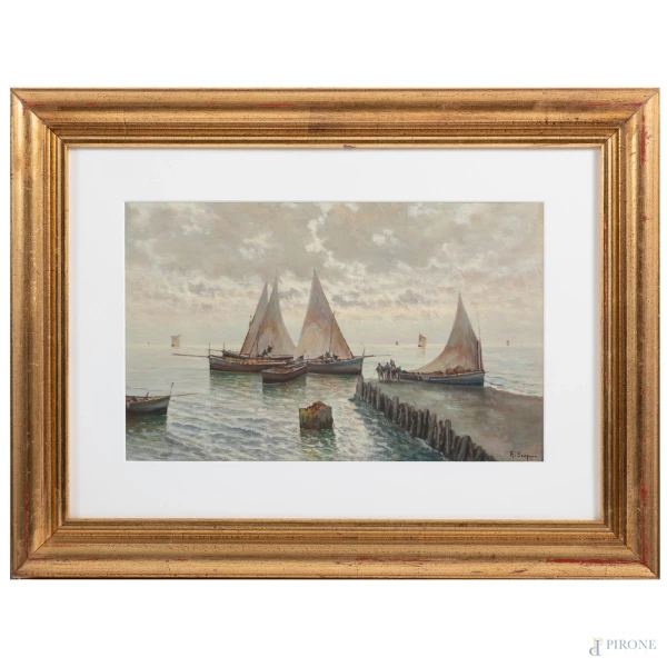 Raimondo Radames Scoppa (1877-1957), Marina con barche dal molo, olio su compensato, cm 20,5x33, firmato in basso a destra, entro cornice