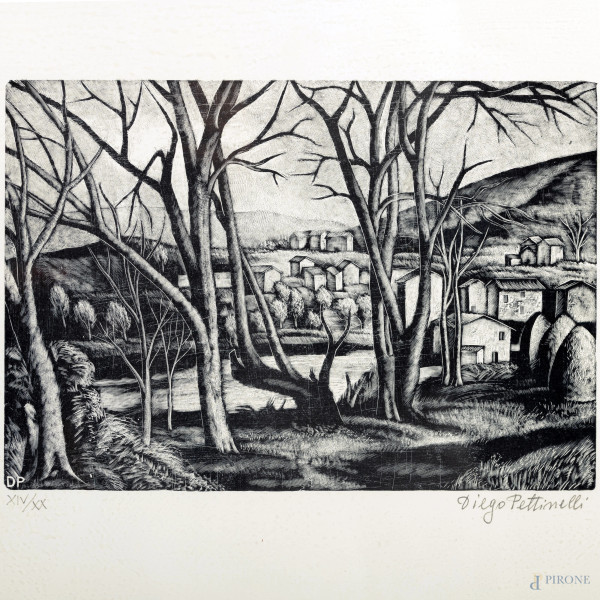 Diego Pettinelli (1897-1989), Case nella valle, xilografia, es. XIV/XX, cm foglio cm 40x50, firma...