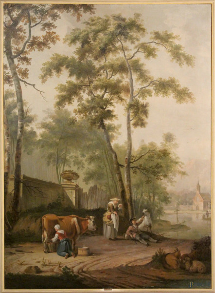Pieter  III    Pietersz Barbiers - Paesaggio con figure e armenti, olio su tela, cm. 215x167, entro cornice.