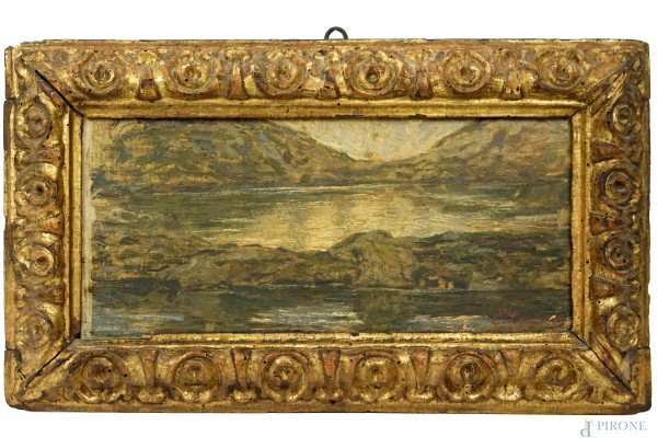 Emilio Longoni - Scorcio lacustre montano, olio su tela riportata su cartone, cm 18,5x42, entro cornice.