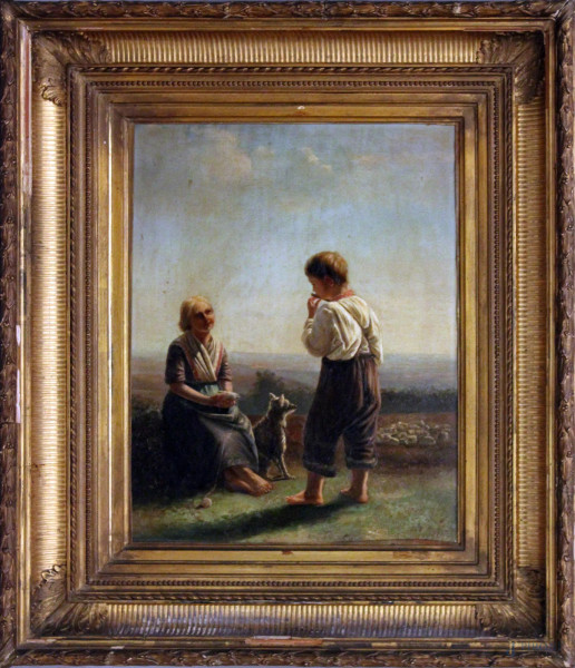 Paesaggio con figure e cane, Pittore inglese del XIX sec., olio su tavola, 42x31cm, entro cornice.