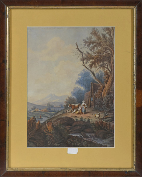 Scena campestre, XIX-XX secolo, tecnica mista su carta, cm 45x32, firmato in basso a destra, entro cornice, (lievi ondulazioni della carta, foxing)