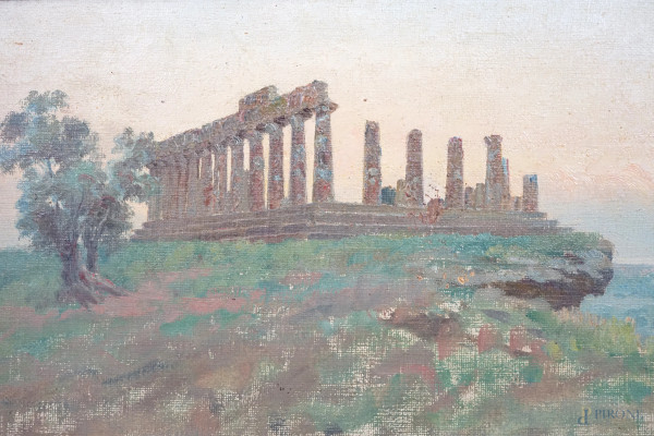 Tempio di Selinunte, olio su tela, firmato in basso a destra M. Mirabella, cm 26,5x52,2, entro co...