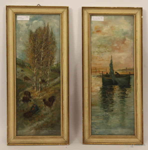 Coppia di dipinti raffiguranti Scorcio di mare con pescatori e pastorelle con gregge
