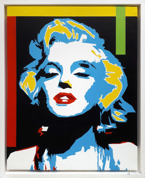 Beatrice Antalya - Composizione Pop Art raffigurante Marilyn Monroe, acrilici su tela, cm 45x45, firmato, entro cornice, con autentica