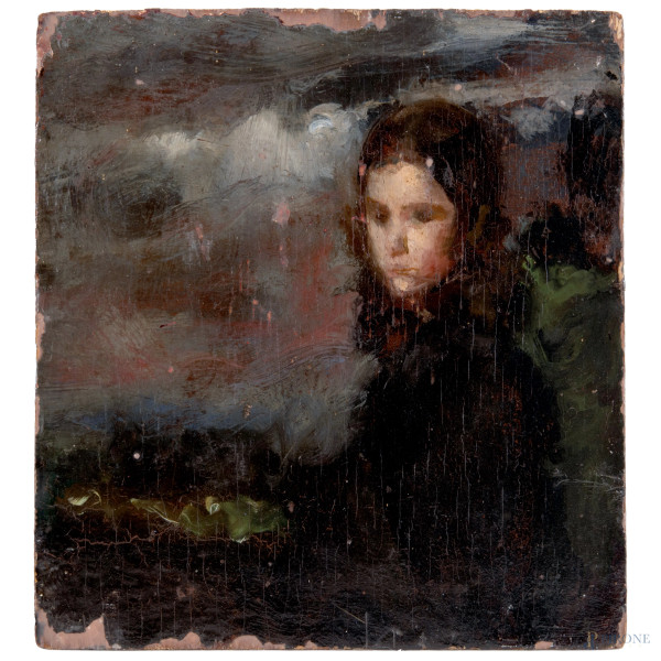 Ritratto di fanciulla, XX secolo, olio su compensato, cm 27x25, (sollevamenti e cadute di colore)