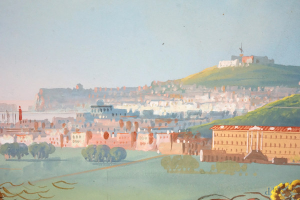 Veduta di Napoli da Capodimonte, gouache su carta, firmato, cm 37x50, entro cornice