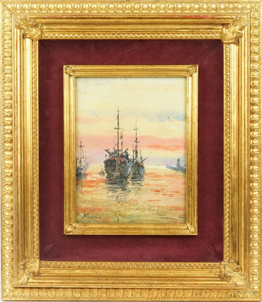 Marina con navi, olio su tela riportata su cartone, cm 21x16, firmato, entro cornice.