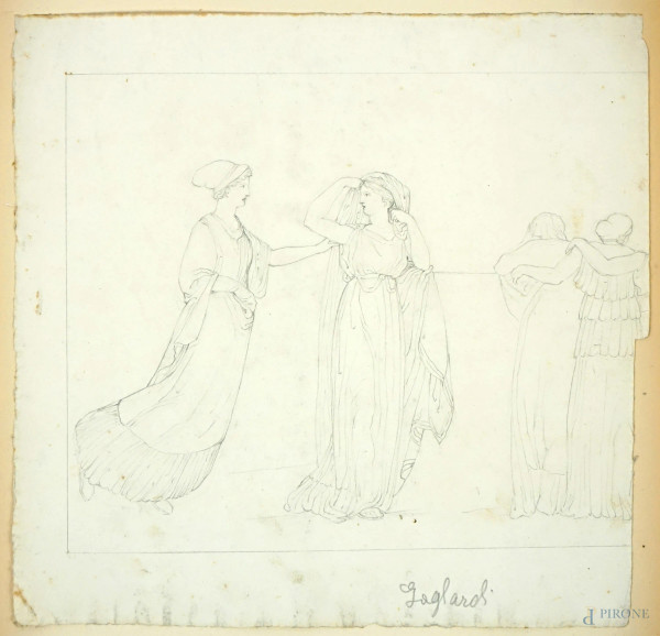 Pietro Gagliardi - Figure neoclassiche, matita su carta, cm 22x22,5