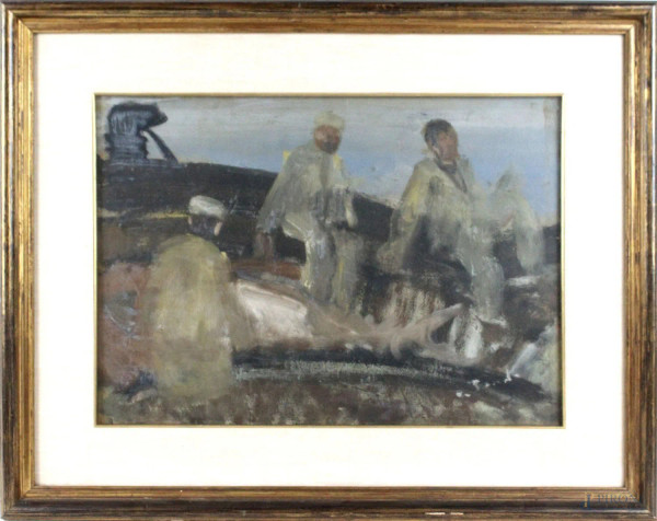 Pescatori, olio su cartone, cm 34,5x48, XX secolo, entro cornice