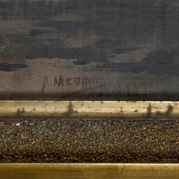 Campagna Laziale, XX secolo, olio su tela, cm 35x70, firmato "A. Medina" in basso a destra, entro...