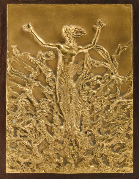 Pericle Fazzini, La Resurrezione, bassorilievo in bronzo dorato su supporto in legno, misure complessive cm 34x26,5; es. E/C AU PA , firmato in basso a destra.