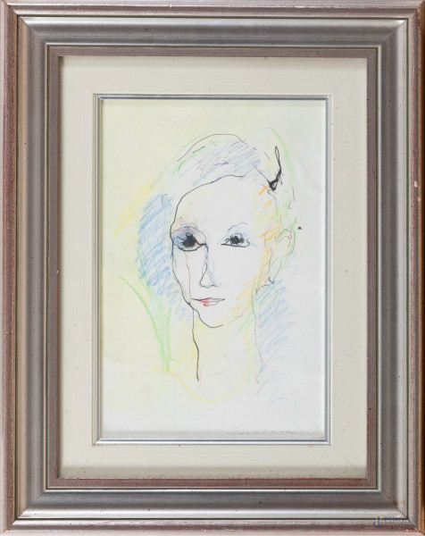 Ernesto Treccani, Volto di donna, tecnica mista su carta intelata, cm 30x20, firmato in basso a destra, entro cornice