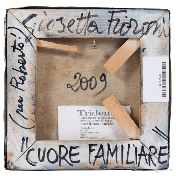 Giosetta Fioroni (1932-), Cuore Familiare, collage e tecnica mista su tela, cm 20x20, firmato, da...