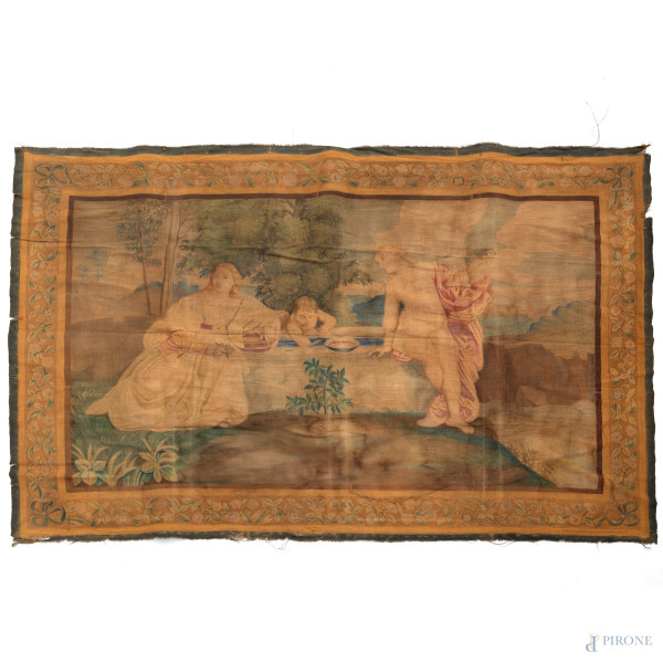 Succo d'erba raffigurante Amor Sacro e Amor Profano di Tiziano Vecellio, XIX-XX secolo, cm 136x211, (segni di usura, fori di tarlo, difetti, rotture)