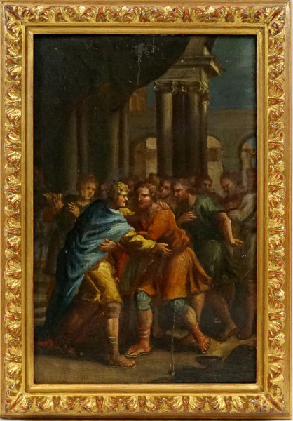 Scuola romana, Scena biblica, olio su tavola, cm 20x30, entro cornice, (difetti sulla tela).