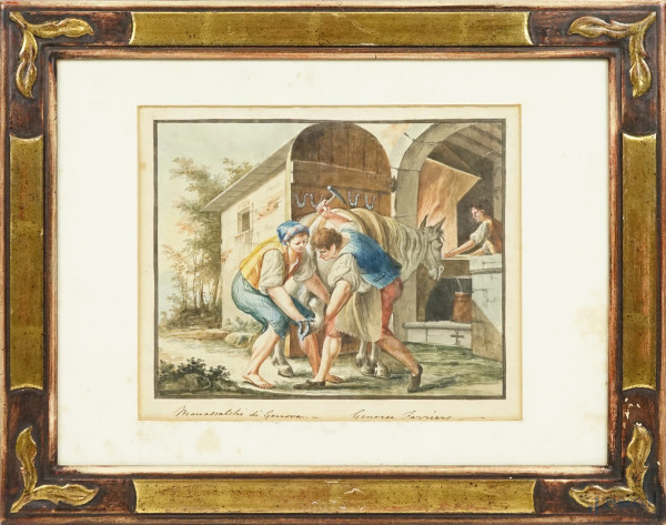 Maniscalchi di Genova, acquarello su carta, cm 30x40, firmato, entro cornice, (lievi difetti)