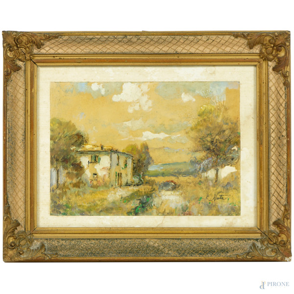 Enrico Nuti - Paesaggio con casolare, olio su cartoncino, cm 14x20, entro cornice