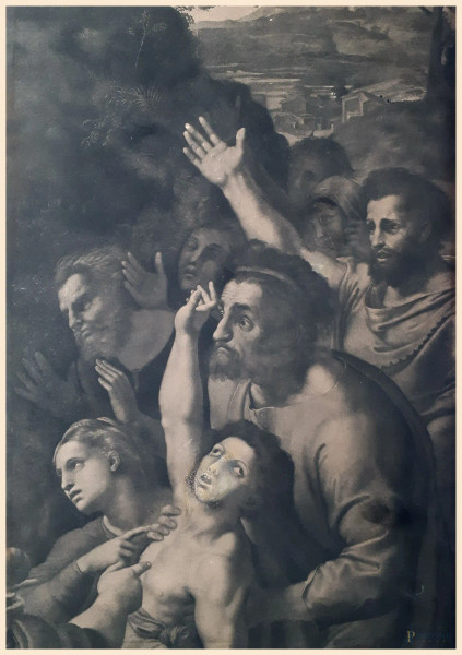 Da Raffaello Sanzio, Antica e rara riproduzione a stampa cromolitografica ad un colore su carta raffigurante un particolare della Trasfigurazione del 1520 conservata alla Pinacoteca dei Musei Vaticani, cm 36x25
