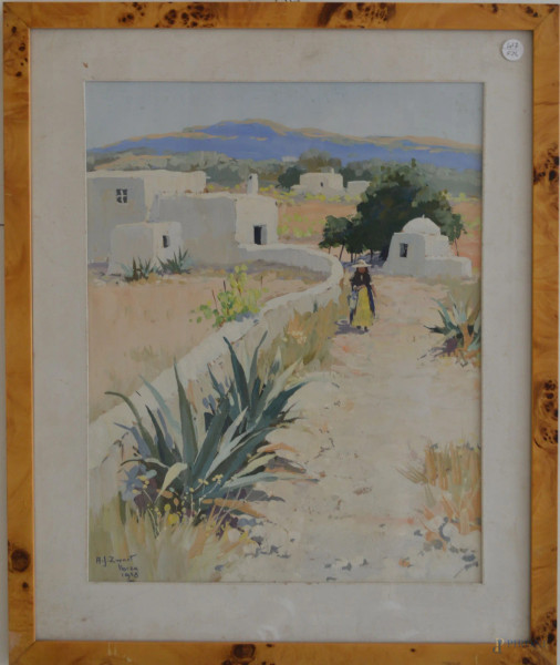 A.J.Zwart, Ibiza 1958, scorcio paese con figura, acquarello su carta 36x46 cm, entro cornice.