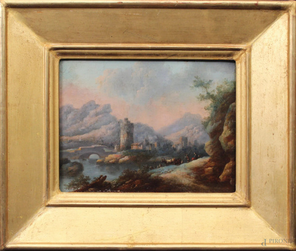 Pesaggio fluviale, Scuola tedesca di fine  XVII sec., olio su tavola, cm 19,5 x 25,5, entro cornice.