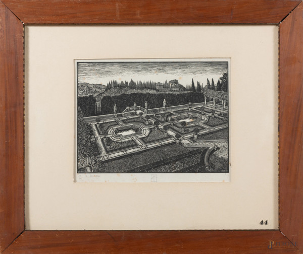 Dario Neri (1895-1958), Giardino all'italiana, xilografia su carta, es. 34/50, cm 46x57 compreso passepartout, entro cornice, (segni di usura, foxing, gore, tracce di umidità)