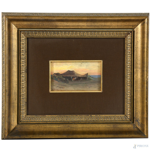 Accampamento berbero, XIX-XX secolo, olio su tavoletta, cm 10x16,5, firmato in basso, entro passepartout e cornice, (abrasioni, cadute di colore, craquelure)