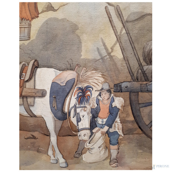 Alla maniera di Bartolomeo Pinelli, XX secolo, Scena di vita rurale, acquarello su carta applicat...