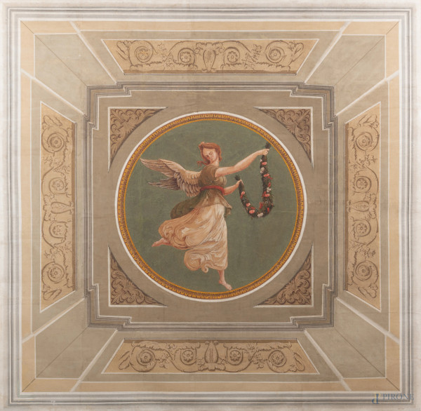 Studio per affresco, XX secolo, tecnica mista su carta applicata su tela e montata su telaio, cm 165,5x169,5, (segni di usura, sollevamenti e cadute di colore, craquelure, tracce di umidità, difetti)