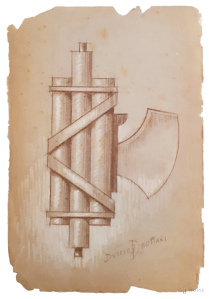 Arte del Ventennio, Studio per Fascio Littorio, XX sec., matite color seppia con lumeggiature bianche su carta, cm 18x12, firmato “Duilio Bottari” in basso a destra