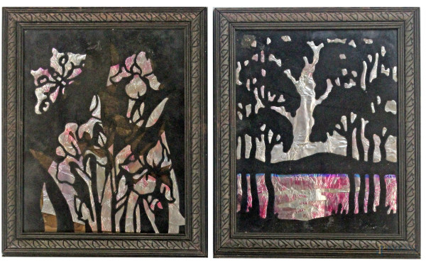 Coppia di dipinti raffiguranti composizioni astratte, tecnica mista su carta, cm 20x25, entro cornici