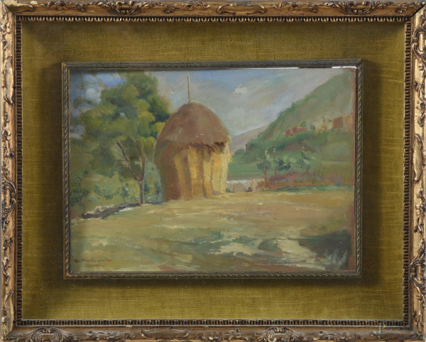 Il capanno, XX secolo, olio su cartone, cm 25x34, firmato in basso a sinistra, entro cornice, (segni di usura, cartone imbarcato e ondulato)