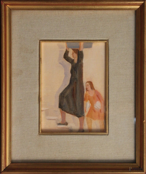 Federigo Papi - Lavandaie, olio su tavola, cm 18 x 13, entro cornice.