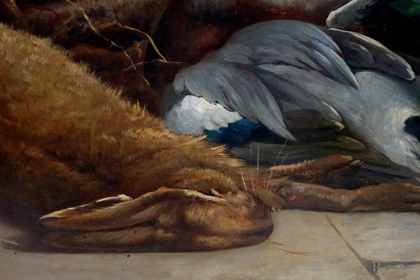 Natura morta con cacciagione, olio su tela applicata su cartone, XIX secolo, cm 82.5x100.5, entro...