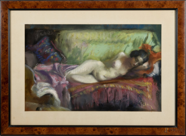 Sognando, XX secolo, pastello su carta, firmato in basso a destra, cm 34,5x54,5 entro cornice