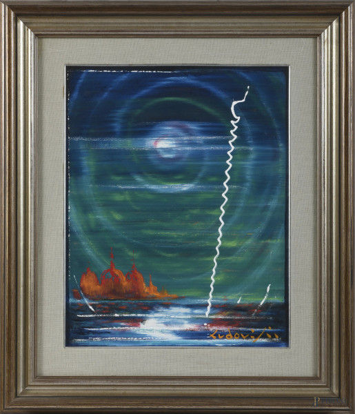 Felice Ludovisi (1917-2012), Visione Mediterranea, XX secolo, olio su tela, cm 49x40, firmato in basso a destra, entro cornice