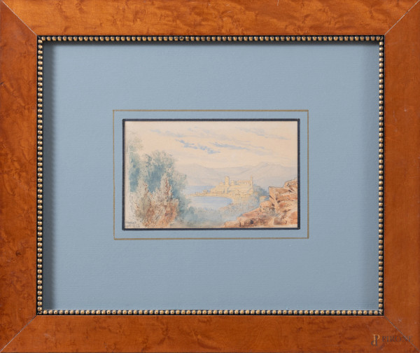 Paese costiero, tecnica mista su carta, cm 25x31 compreso passepartout, datato "1866", entro cornice, (lievi segni di usura, ossidazione della carta)