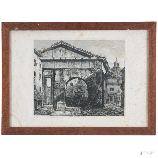 Veduta del Portico d'Ottavia, XIX-XX secolo, incisione, cm 50x70, entro cornice, (tracce di umidità, difetti, foxing)
