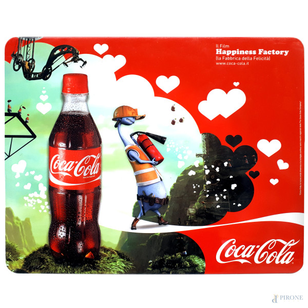 CocaCola, rara locandina in latta (banda stagnata) realizzata per pubblicizzare il film Happiness Factory, cm 28x35