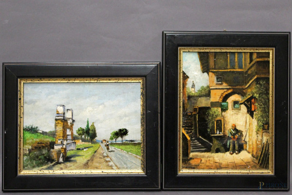 Lotto di due dipinti ad olio su tavola, a soggetti diversi, 23x17 in cornici
