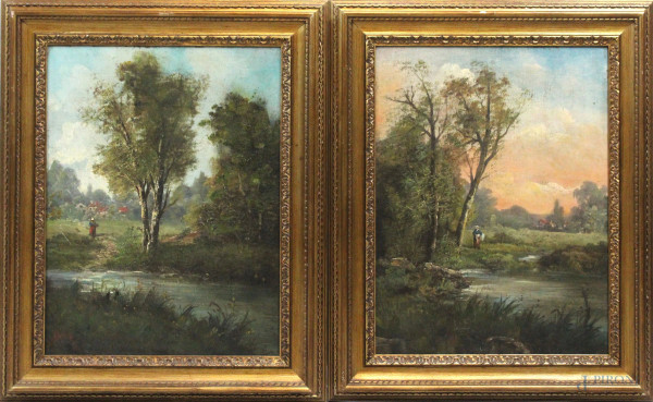Coppia di dipinti raffiguranti scorci lacustri con acquaiola, olio su tela, cm 54x41, XIX secolo, entro cornici, (lievi difetti).