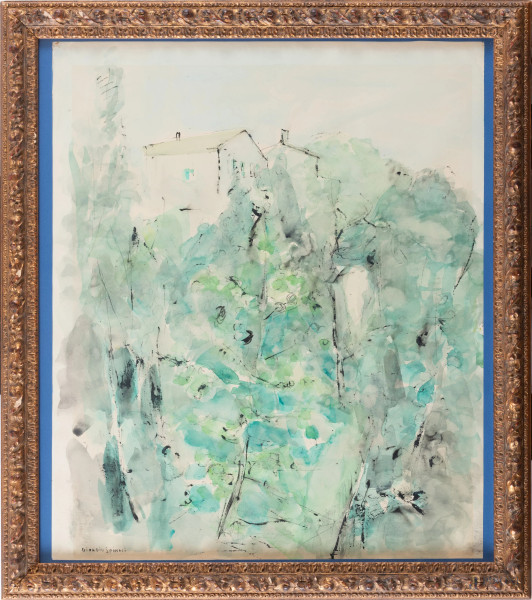 Giorgio Spinaci, Paesaggio con case, tecnica mista su carta, cm 69,5x60, firmato in basso a sinistra, entro cornice, (ondulazioni della carta)