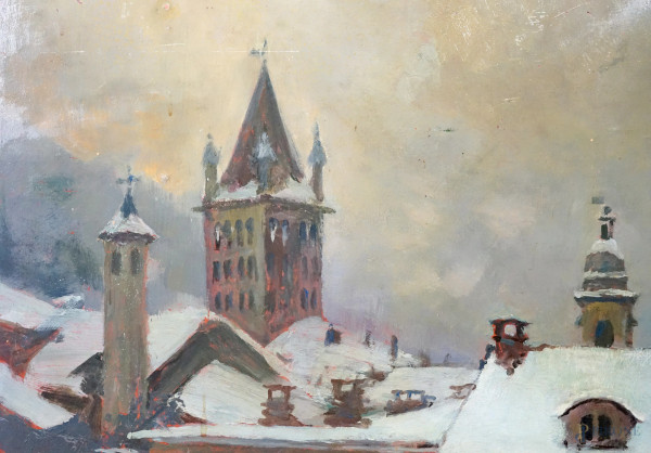 Biella sotto la neve, olio su cartone, cm 75x70